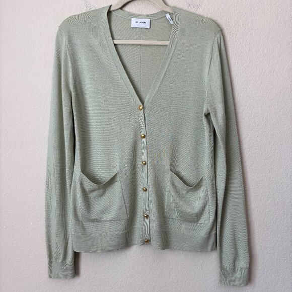 St. John Wool Silk Blend Button Front Pistachio Green Luxurious Cardigan Sweater - Picture 2 of 14